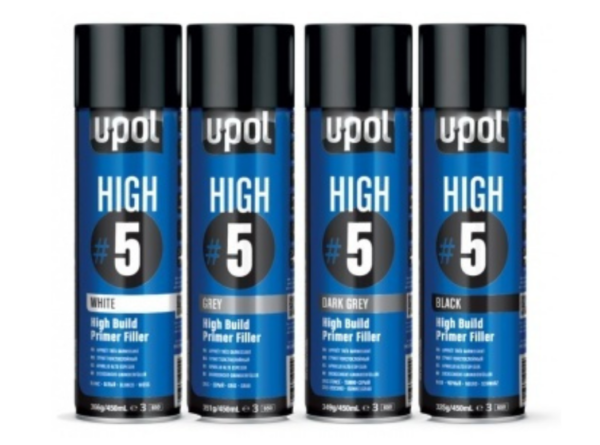 High Build Primer High 5 UPOL U-POL 450ml Aerosol Primer Grey, Dark Grey, Black or White