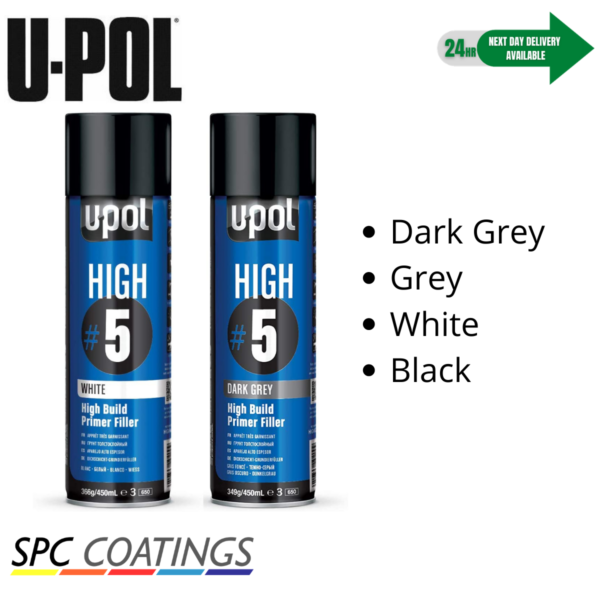 High Build Primer High 5 UPOL U-POL 450ml Aerosol Primer Grey, Dark Grey, Black or White - Image 3