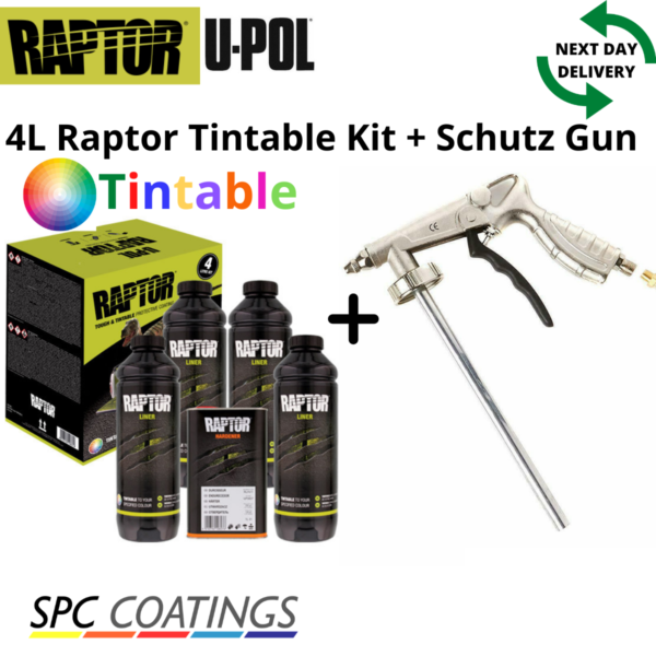 RAPTOR TINTABLE UPOL 4L KIT + SCHUTZ SPRAY GUN Bed Liner TOUGH COATING U-POL NEW - Image 2