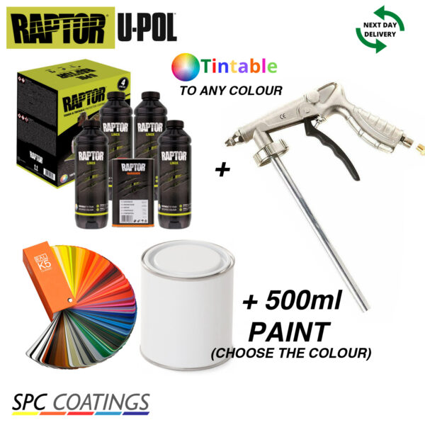 RAPTOR Tintable 3.8l KIT (4 Bottles) UPOL + SHUTZ GUN + PAINT 500ml BUNDLE - Image 2