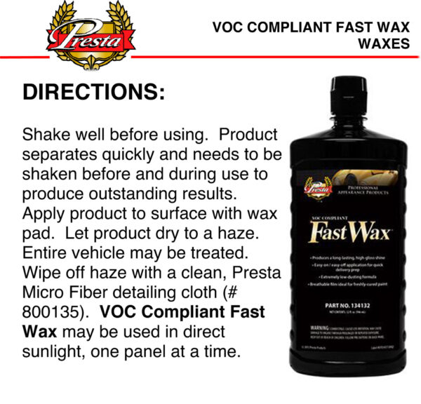 Presta Fast Wax High Gloss Finish 946ml 134132 VOC Compliant Great Formula - Image 6